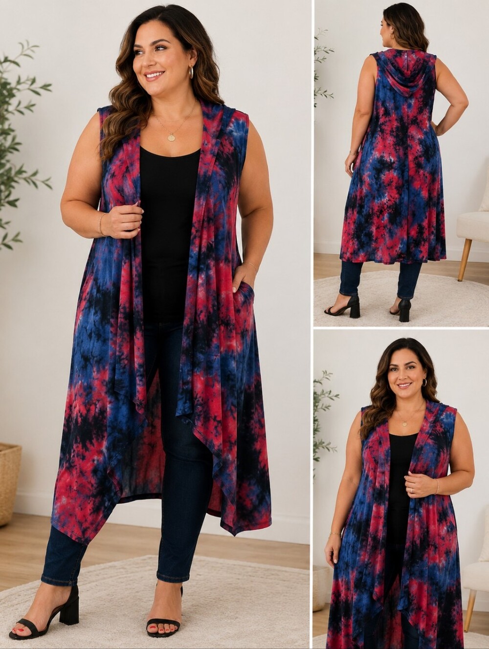 Coin 1804 3X Hooded Tie-Dye Duster Vest Sleeveless Open Front Plus Size Stretchy